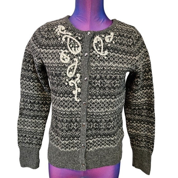 Eddie Bauer Fair Isle Wool Button Down Gray Cardigan‎ Sweater Small Women's - Picture 8 of 8